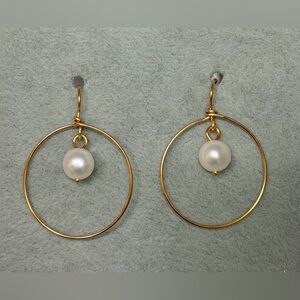 Gold Tone Hoop Earrings with Pearl Accent